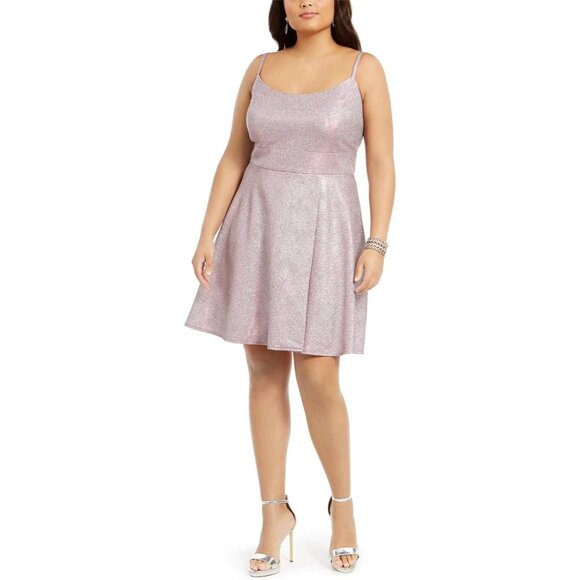 Morgan & Company Womens Fit & Flare Dress Sparkle Adjustable Strap Pink Size 16W - Picture 1 of 4